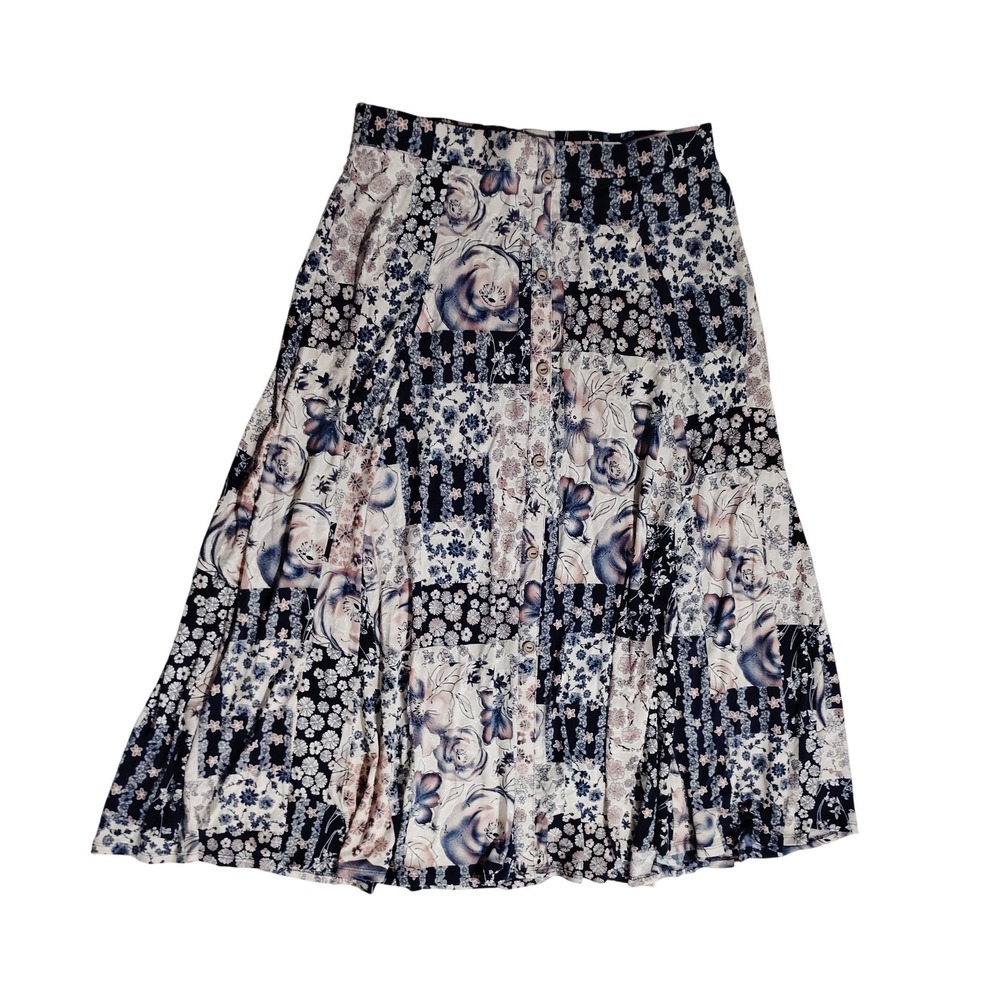 Blue Floral Patchwork Button Front Midi Skirt Elastic Waist Large‎ S9838-RM